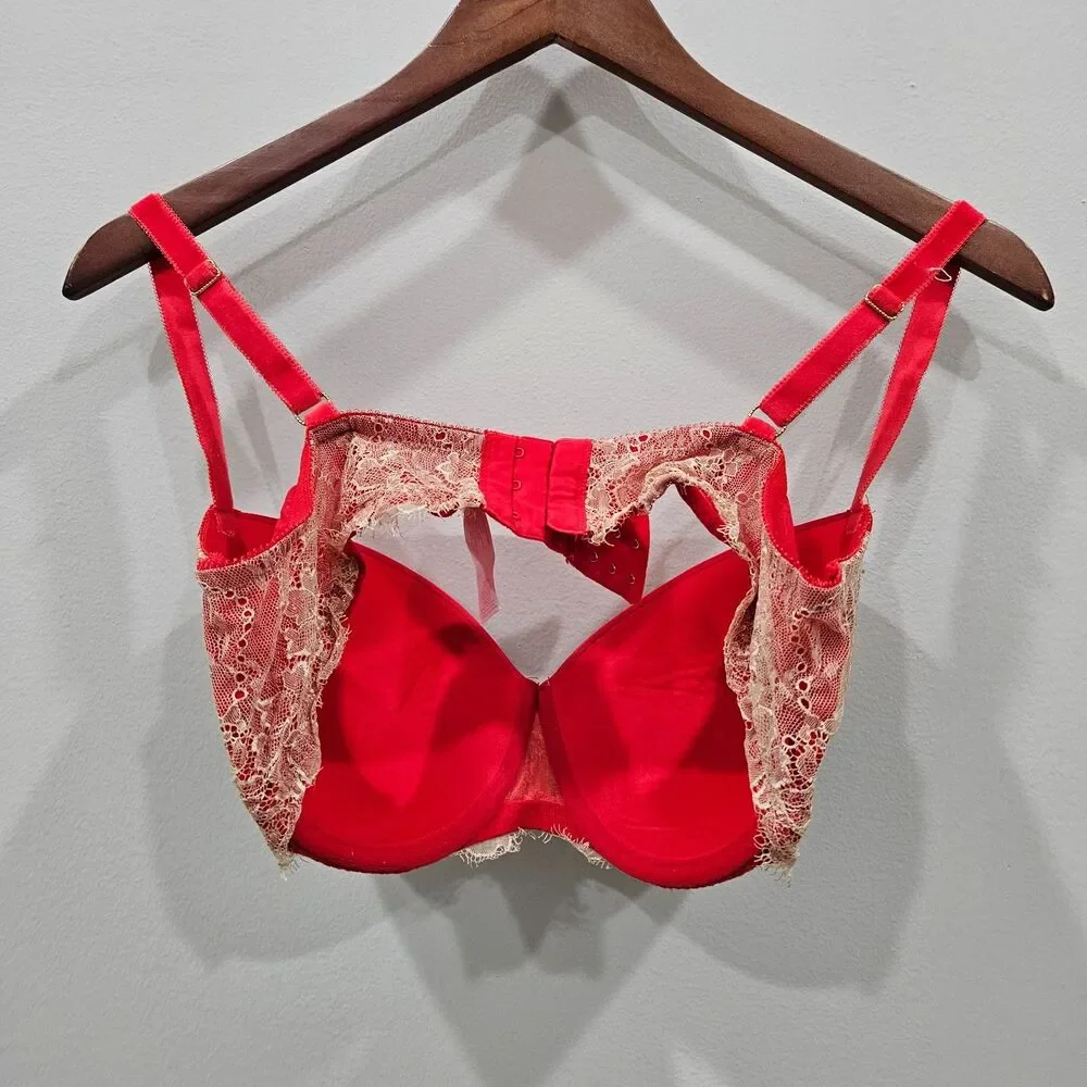 Victorias Secret Dream Angels Lined Demi Bra 38DD Red Ivory Lacey Rhinestones